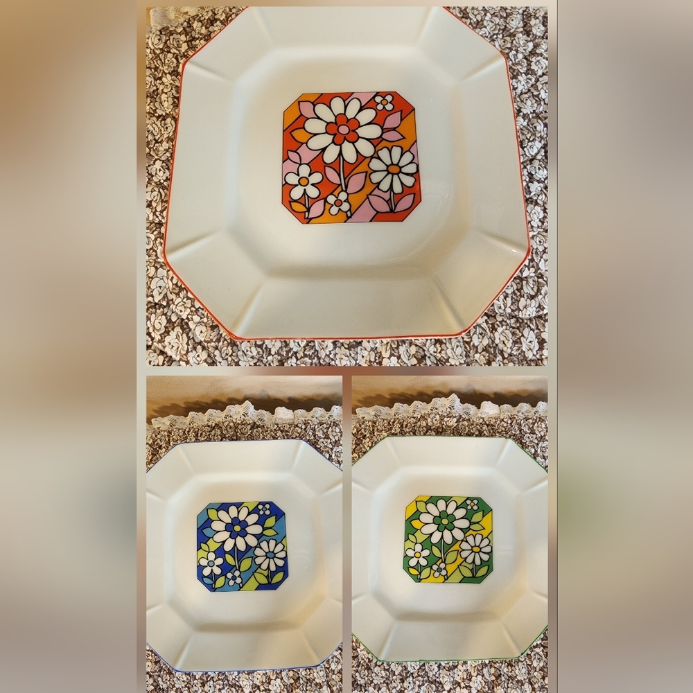 Vintage 70s Flower Power Mid-Century Modern Dessert Plates Set Of 3
